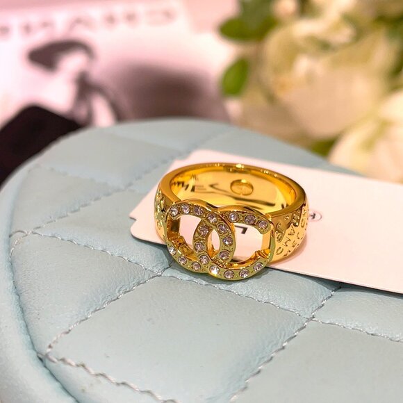 CHANEL Jewelry - Chanel Gold-Tone Crystal CC Logo Statement Ring